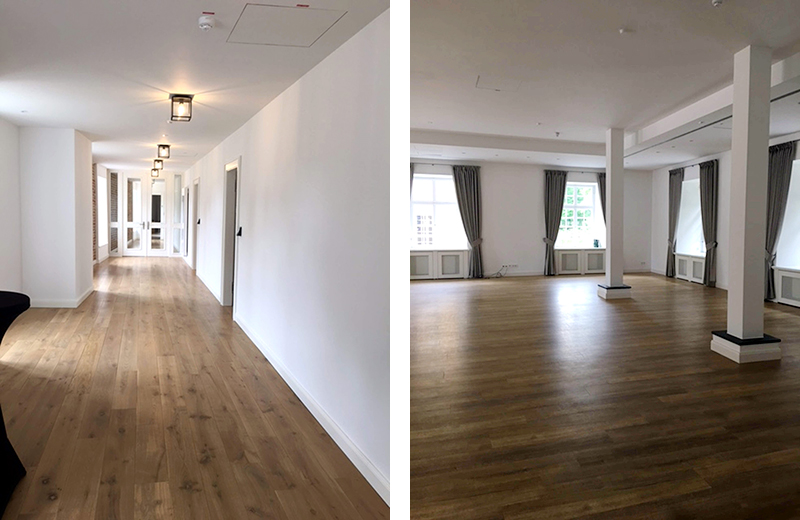 Moderner Flurbereich und großzügiger Saal mit Holzfußboden