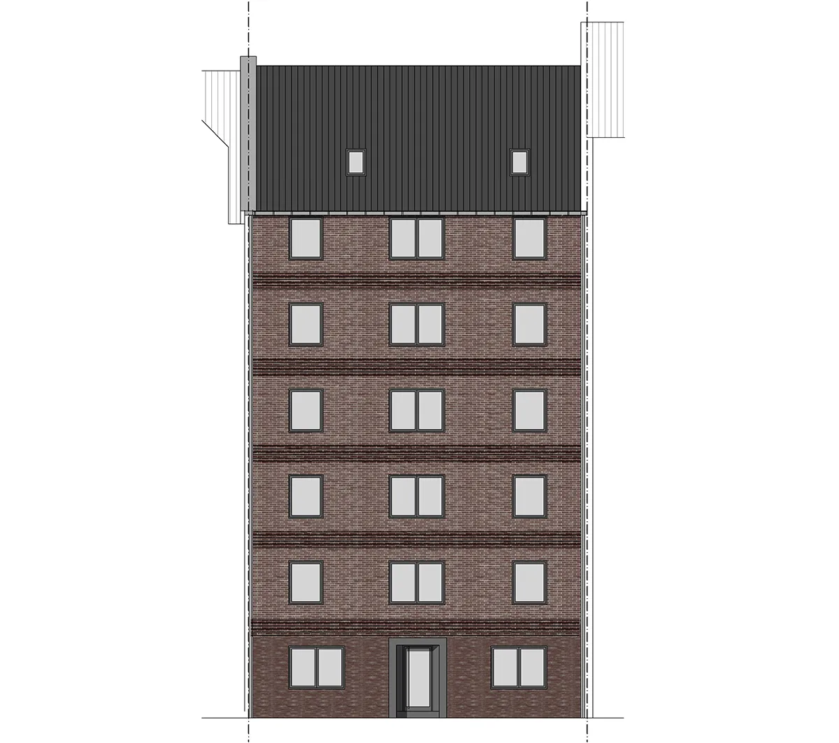 Architekturzeichnung eines Mehrfamilienhauses mit Ziegelfassade und Satteldach