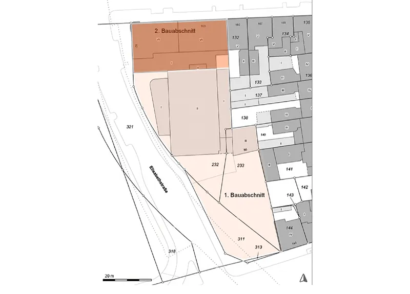 Lageplan mit Bauabschnitten und Grundstücksgrenzen